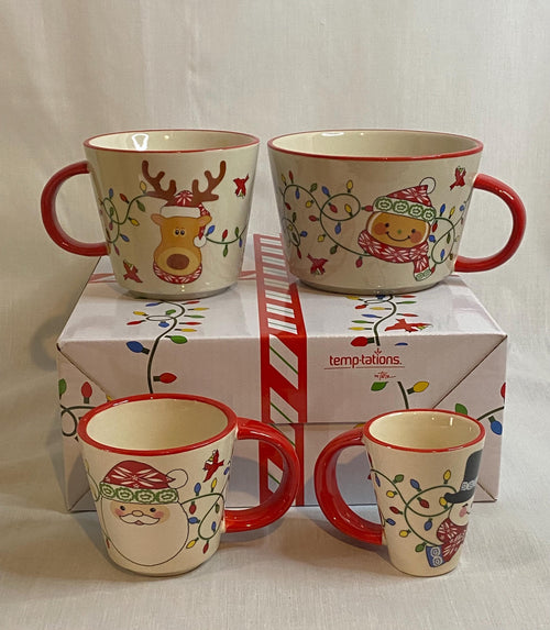 4 Temptations Mug Christmas Lights Santa Elf Gingerman Set ExLg Demitasse