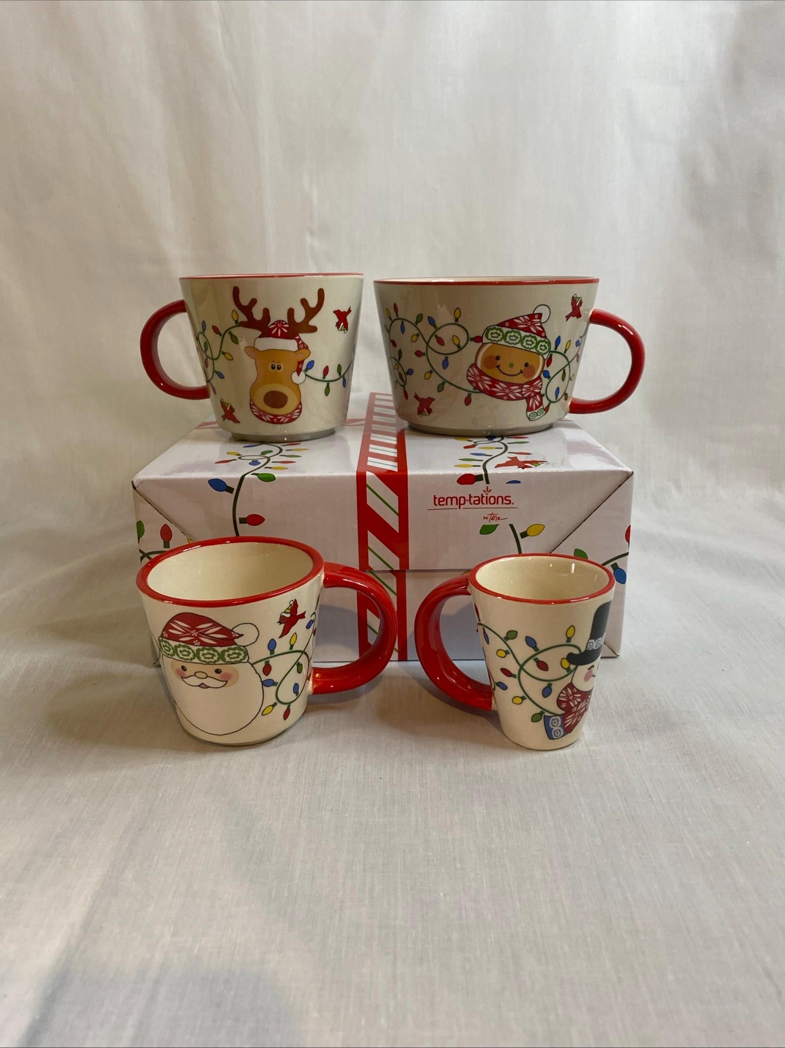 4 Temptations Mug Christmas Lights Santa Elf Gingerman Set ExLg Demitasse