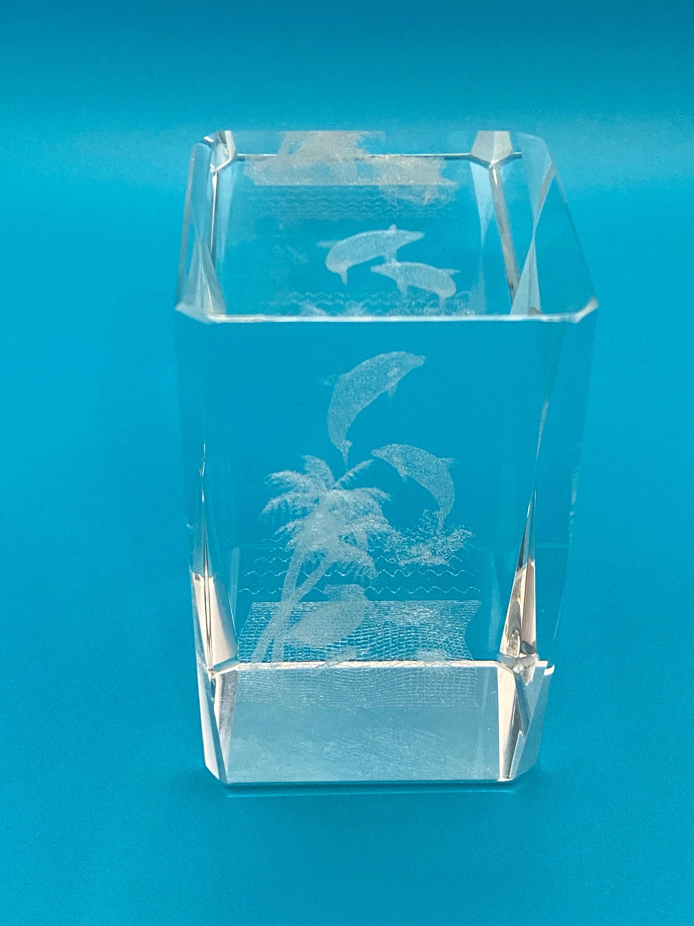 3D Laser Etched Crystal Hologram Statue Paperweight - Dolphin Paradise