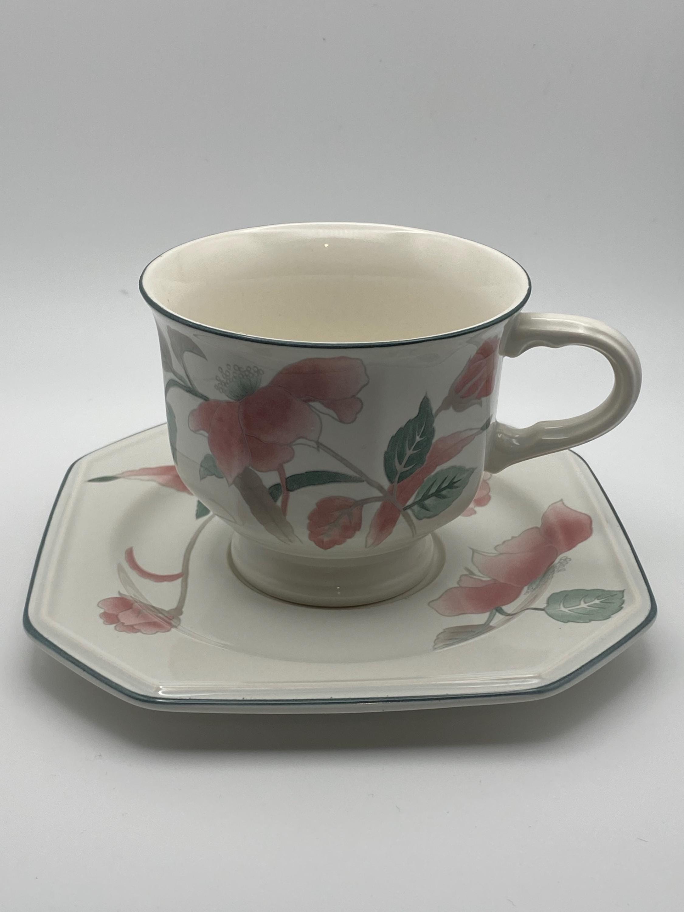 2 Mikasa Continental Silk Flowers Footed Cups & Saucers F3003