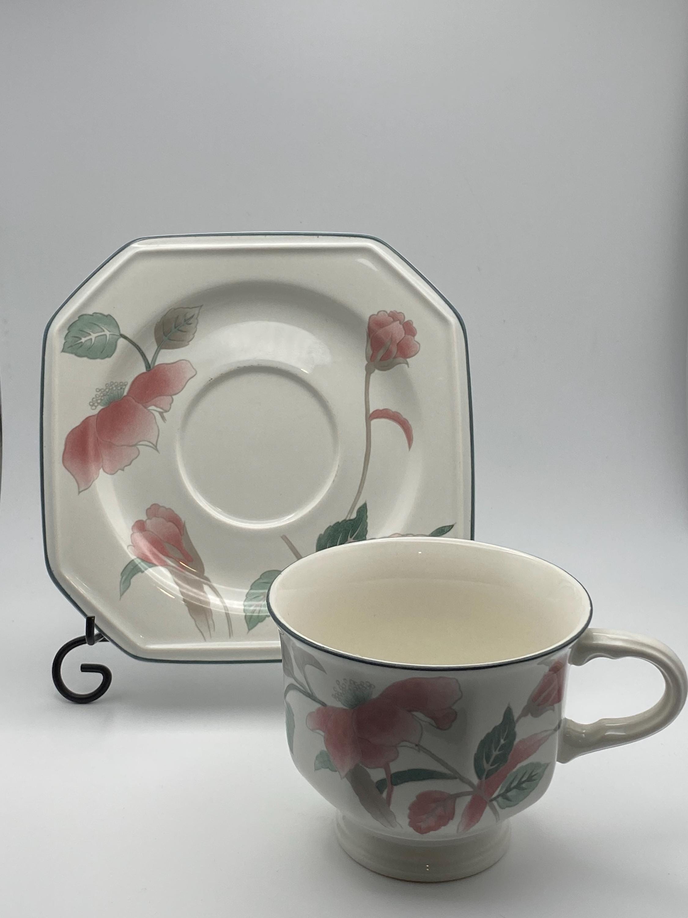 2 Mikasa Continental Silk Flowers Footed Cups & Saucers F3003